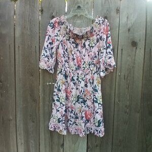LULUS DRESS JUNIORS SIZE L PINK FLORAL PRINT HELLO DARLING SHOULDER OFF MINI NEW